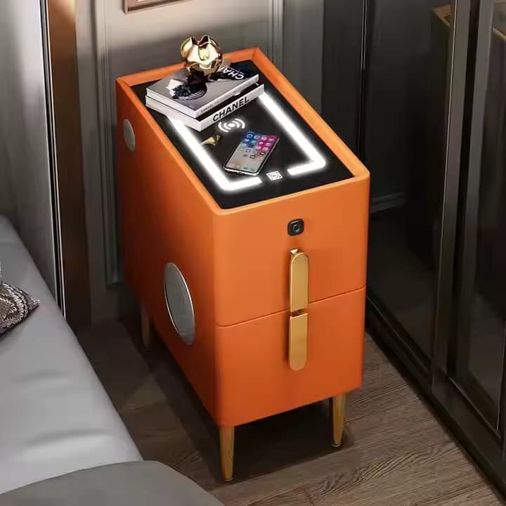 Nightstand With Wireless Charging Station & USB Charging, Bedside Table With LED Lights, Icrofiber Leather Wrapping Bedside Table